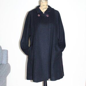 Vintage Barbarella Black Wool Button Collar Swing Coat Pockets Women's L 13/14